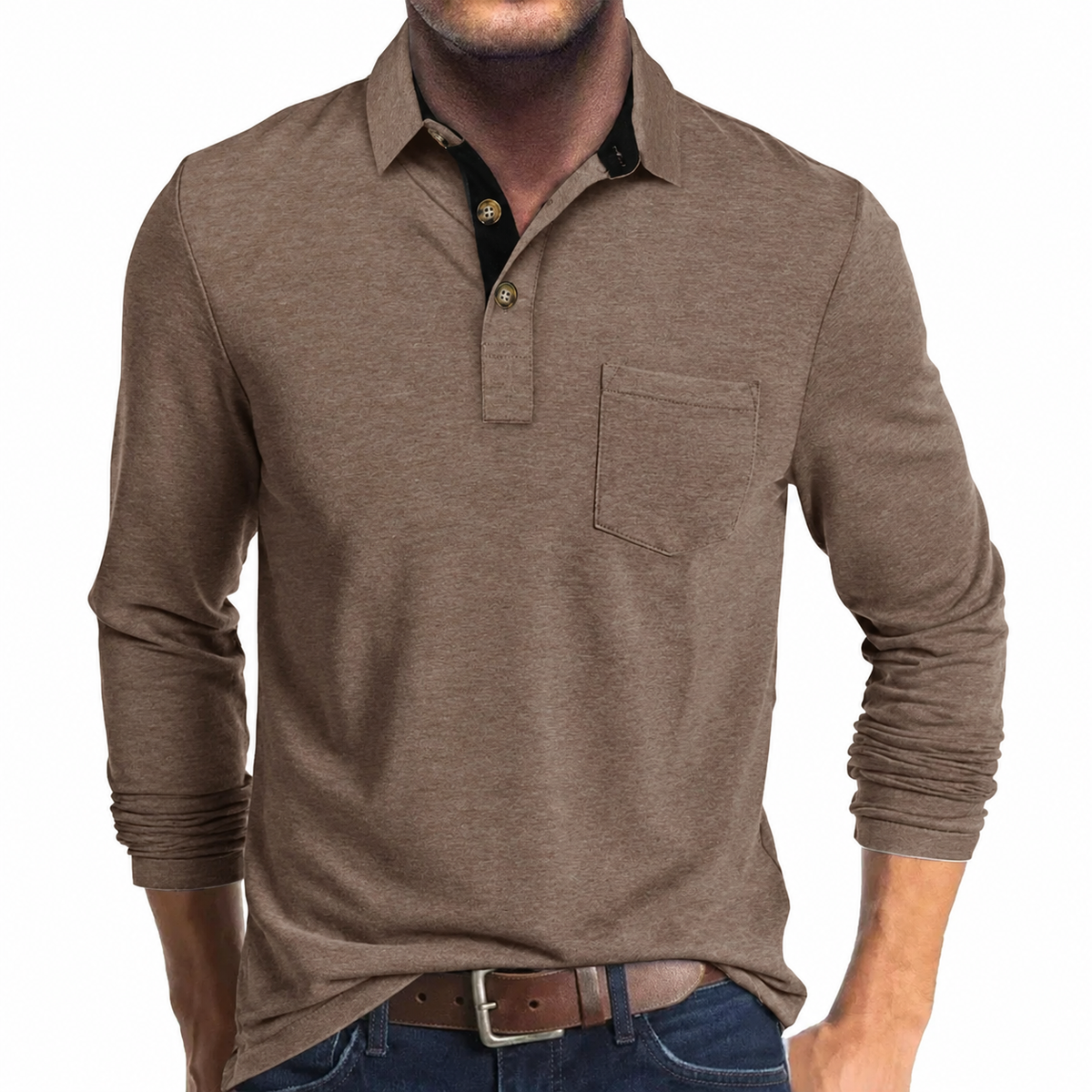 men's long sleeve pocket polo shirt in dark brown