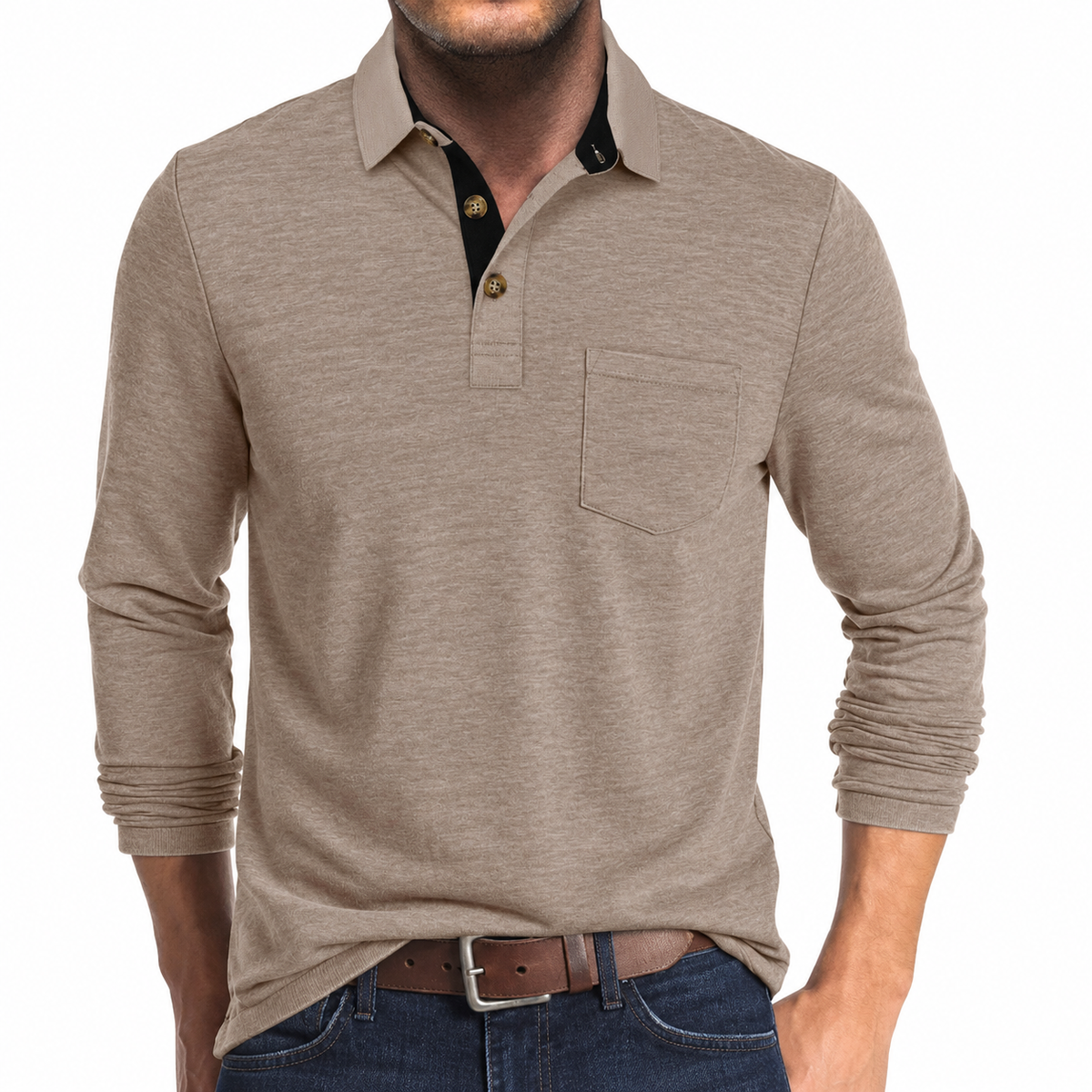 men's long sleeve pocket polo shirt in khaki