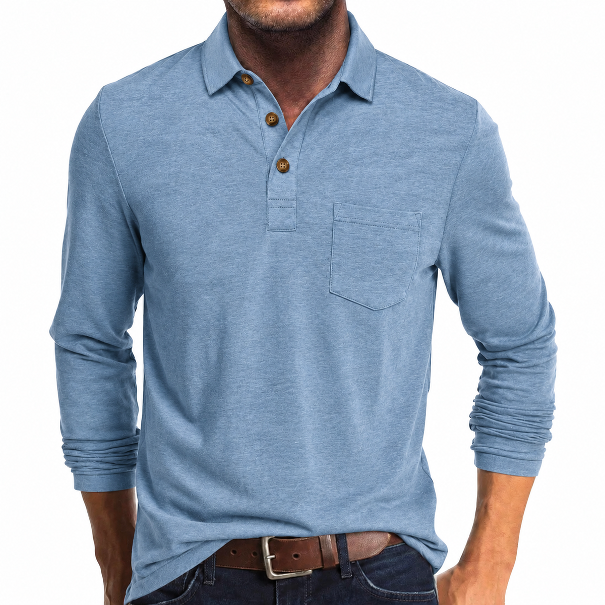 men's long sleeve pocket polo shirt in light blue