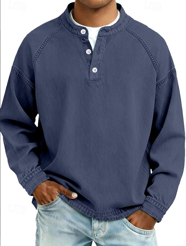 men's relaxed fit henley long sleeve shirt in  dark blue