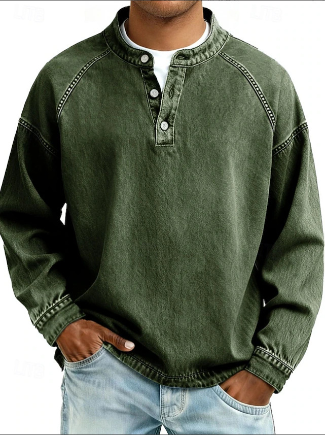 men's relaxed fit henley long sleeve shirt in  dark green