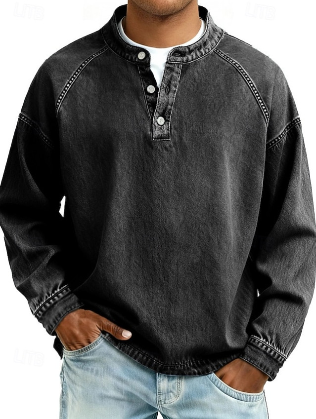 men's relaxed fit henley long sleeve shirt in black