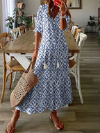 women's floral maxi dress v-neck half sleeve in blue