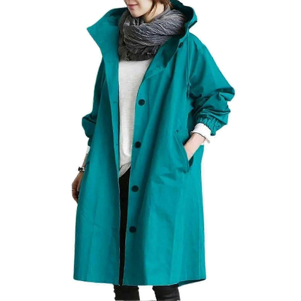 women's hooded knee-length trench coat in blue