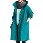 women's hooded knee-length trench coat in blue