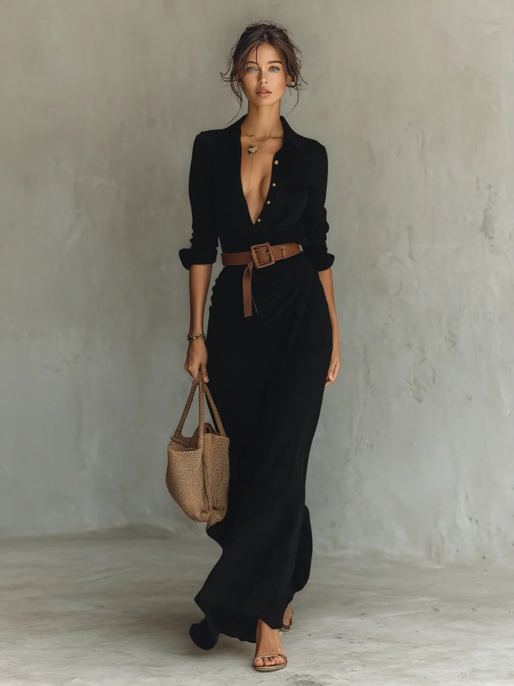 women's long sleeve wrap maxi dress in black