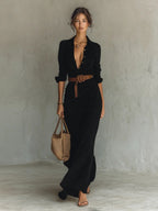 women's long sleeve wrap maxi dress in black