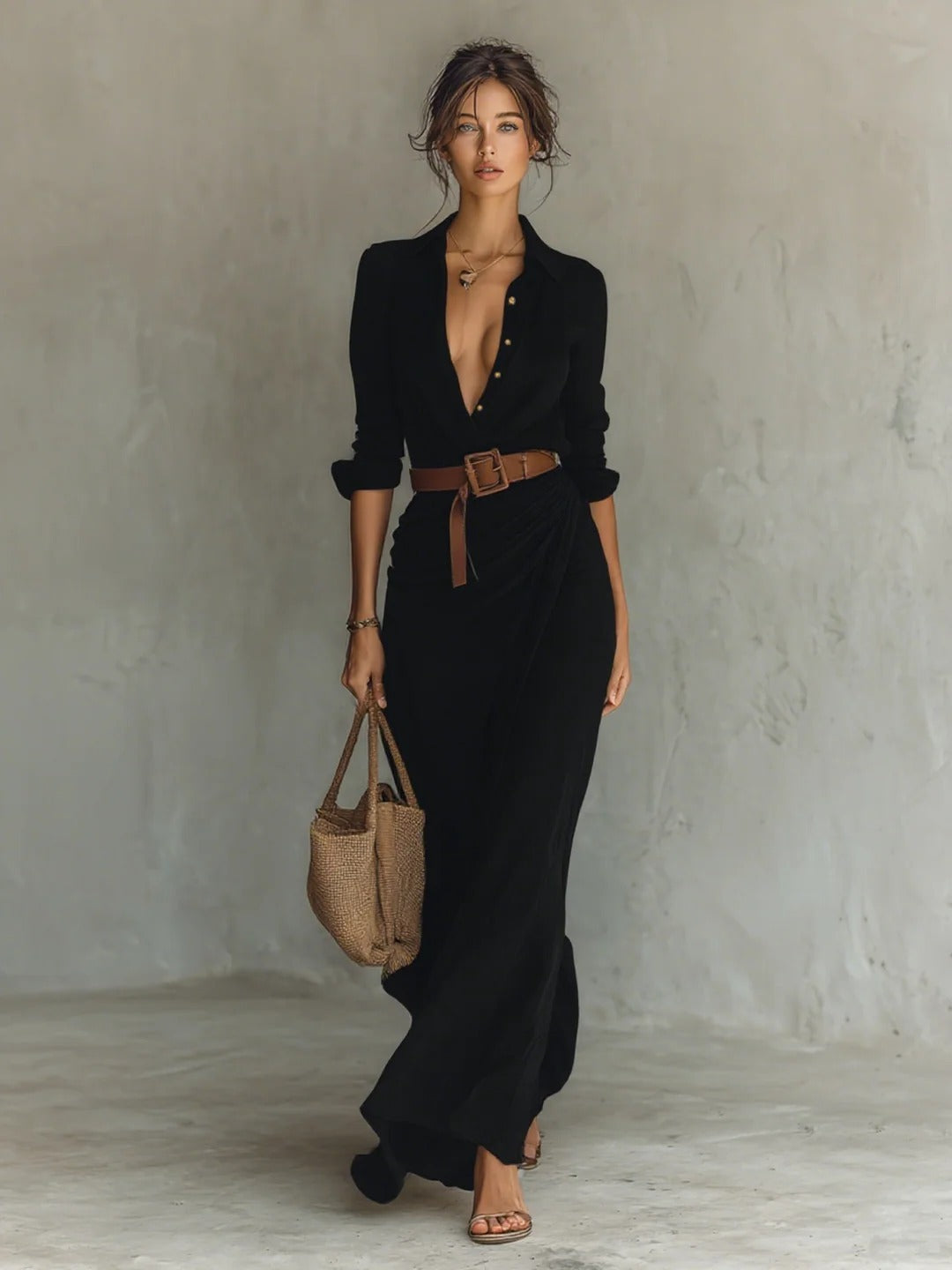women's long sleeve wrap maxi dress in black