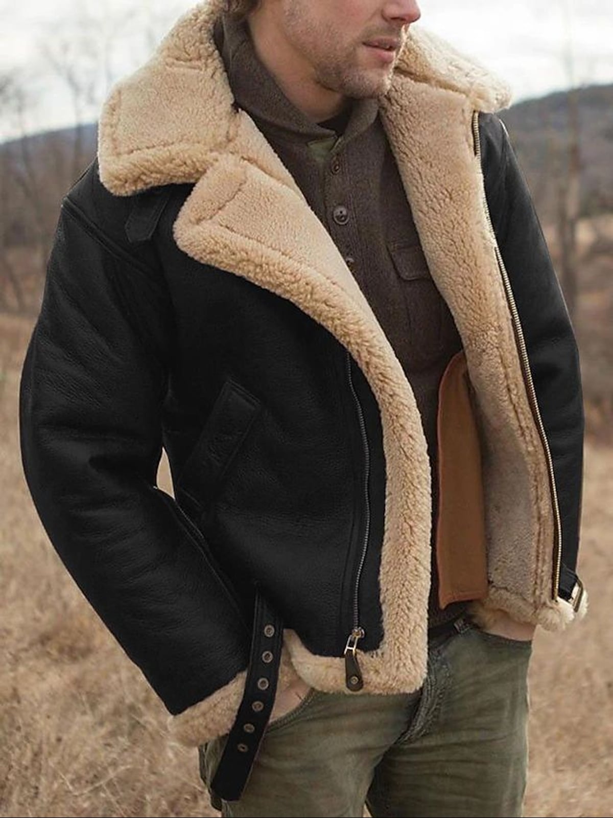 men's aviator jacket with sherpa collar in black
