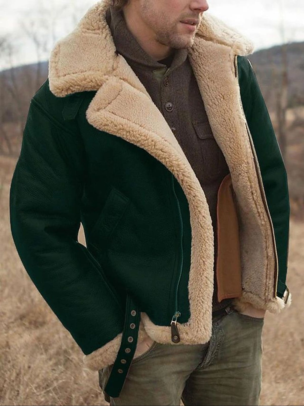 men's aviator jacket with sherpa collar in green