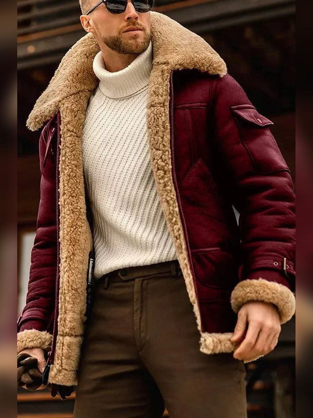 men's aviator jacket with sherpa collar in red