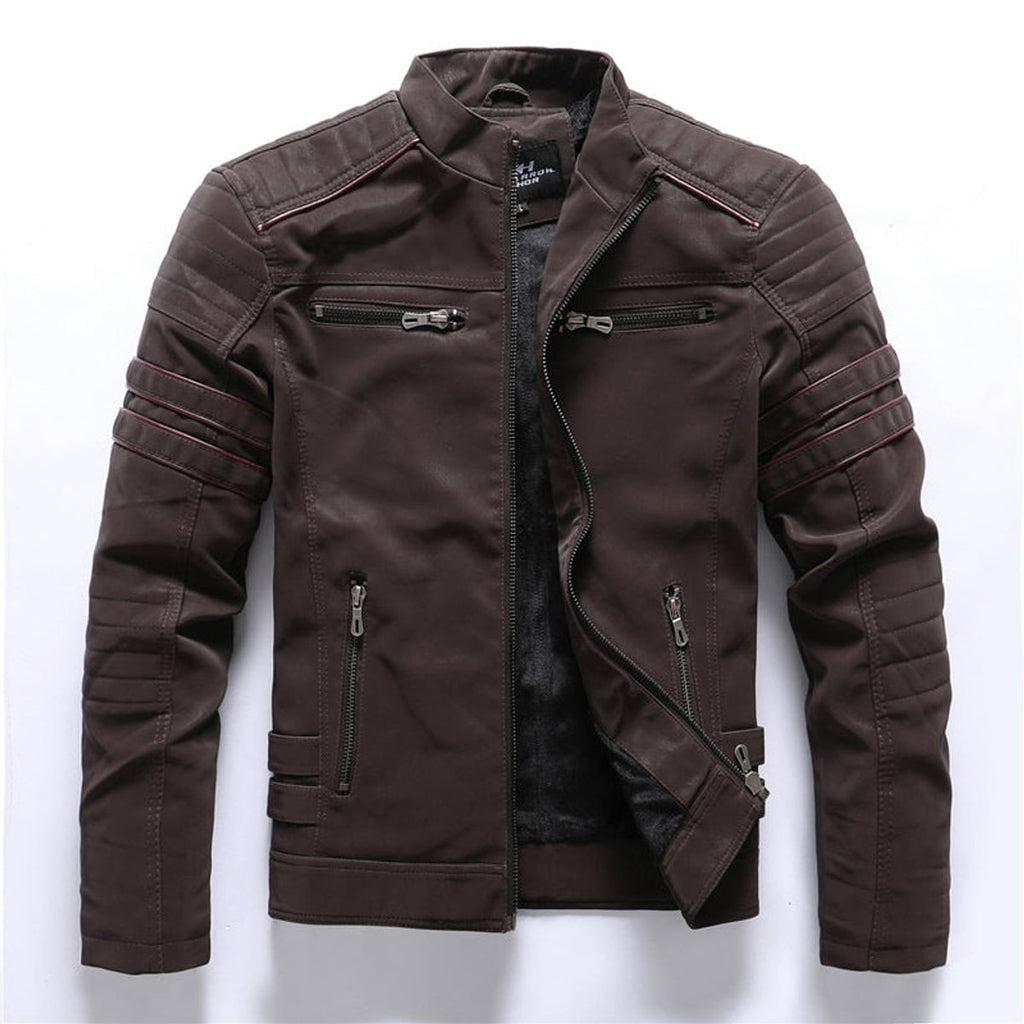 men's biker style zip-up jacket in brown