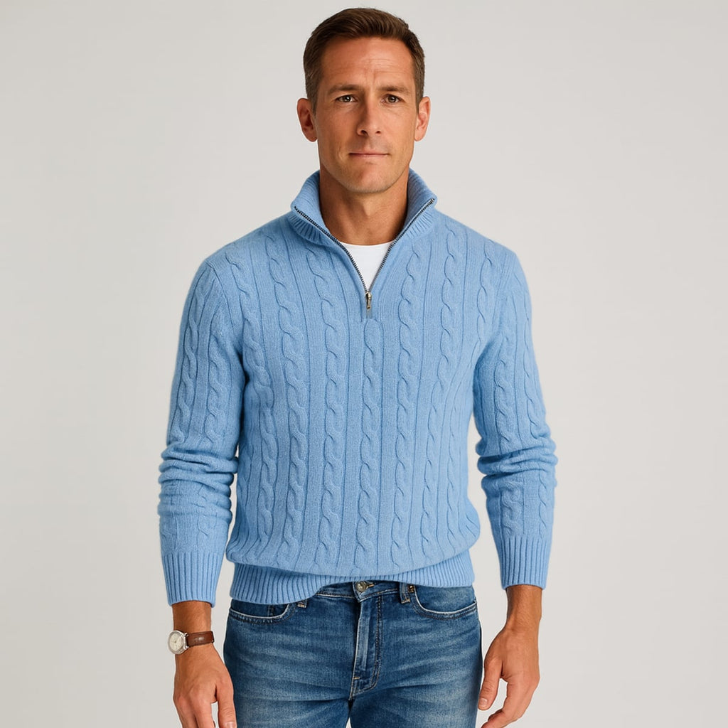 men's cable knit half zip sweater in light blue