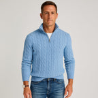 men's cable knit half zip sweater in light blue