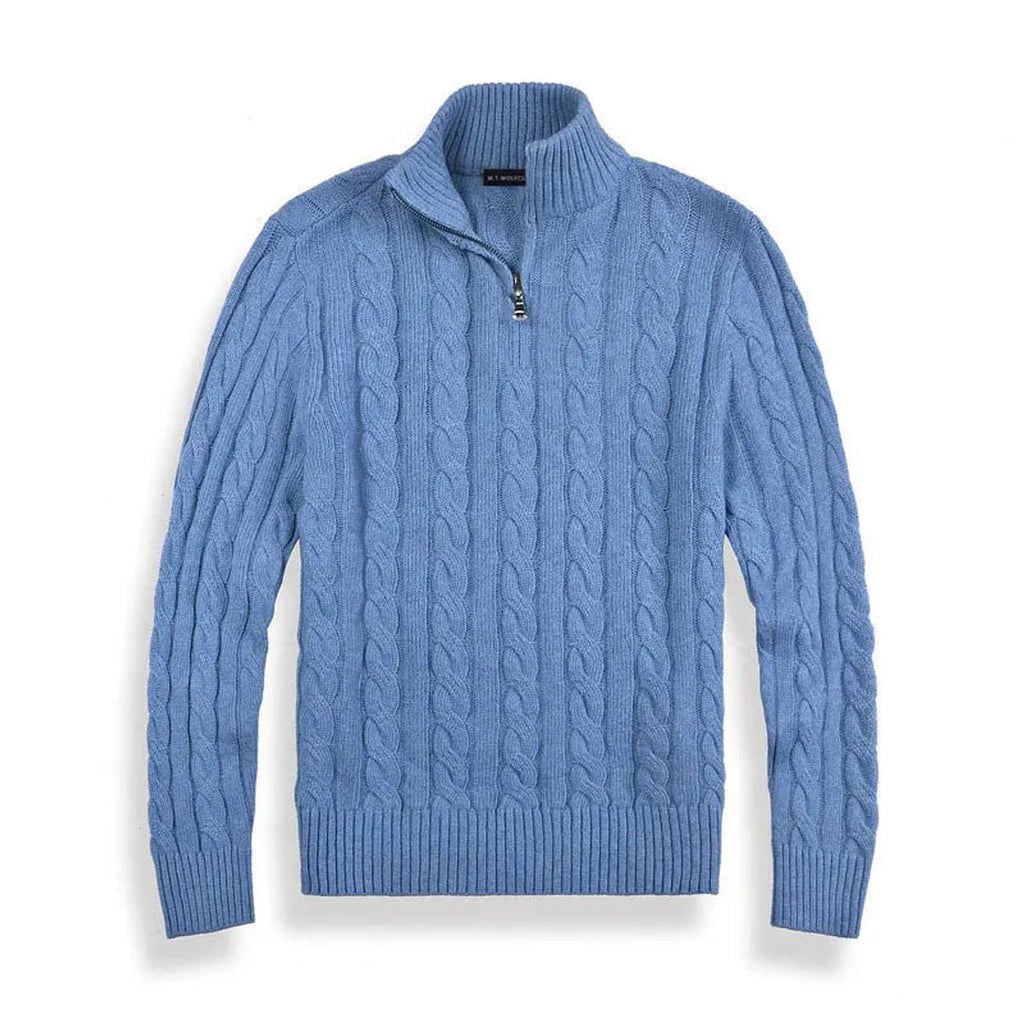 men's cable knit half zip sweater in light blue