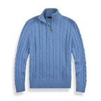men's cable knit half zip sweater in light blue