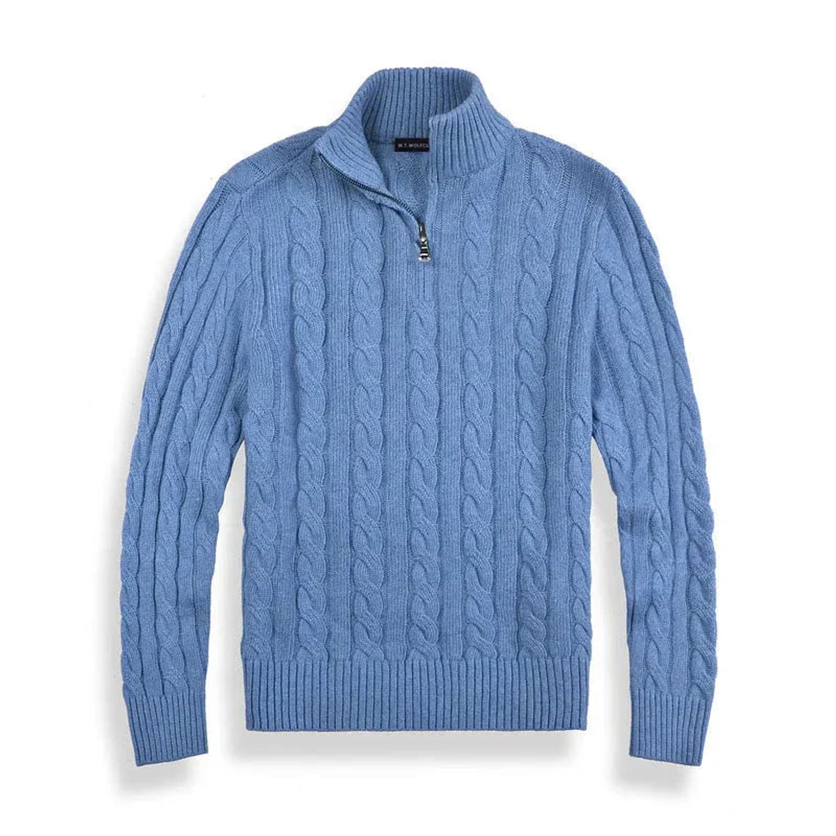 men's cable knit half zip sweater in light blue
