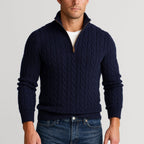 men's cable knit half zip sweater in navy blue