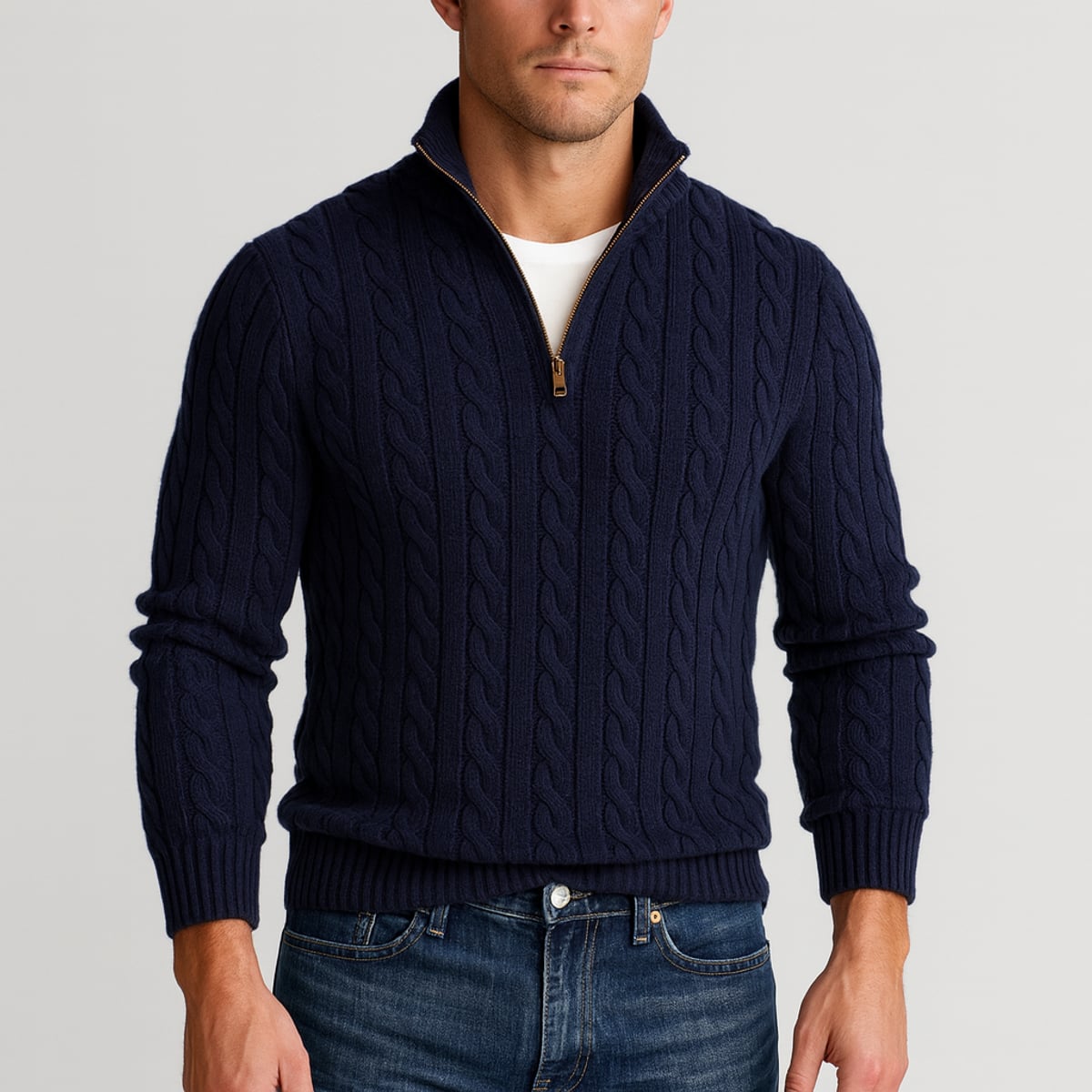 men's cable knit half zip sweater in navy blue