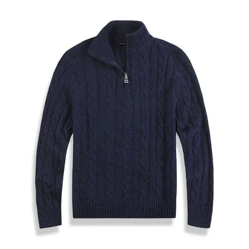 men's cable knit half zip sweater in navy blue