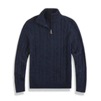 men's cable knit half zip sweater in navy blue