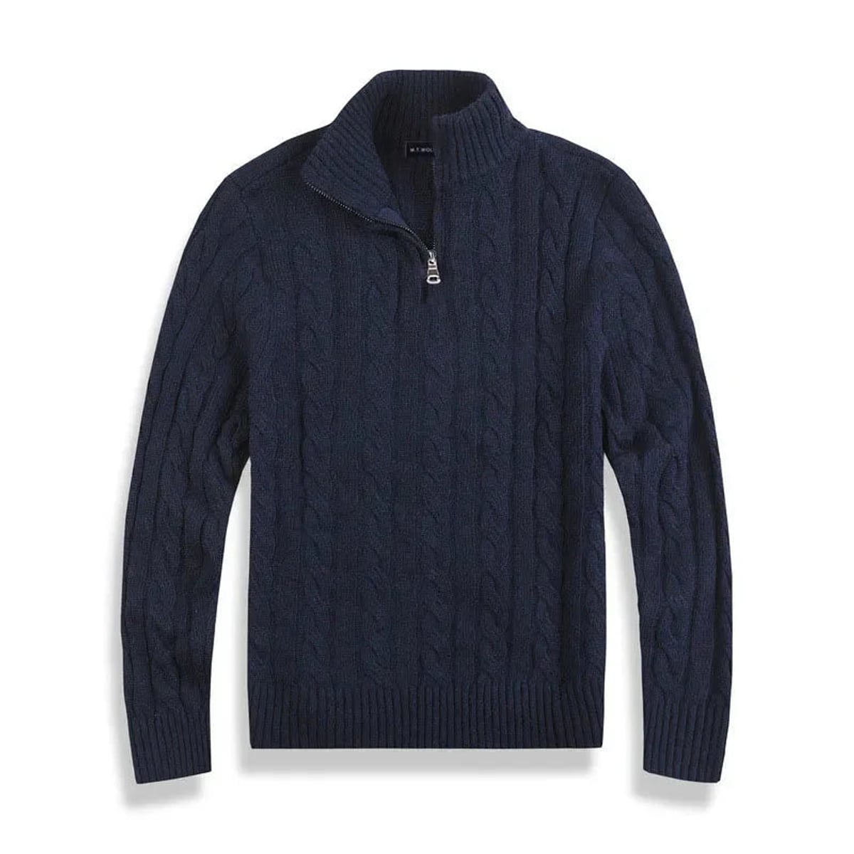 men's cable knit half zip sweater in navy blue
