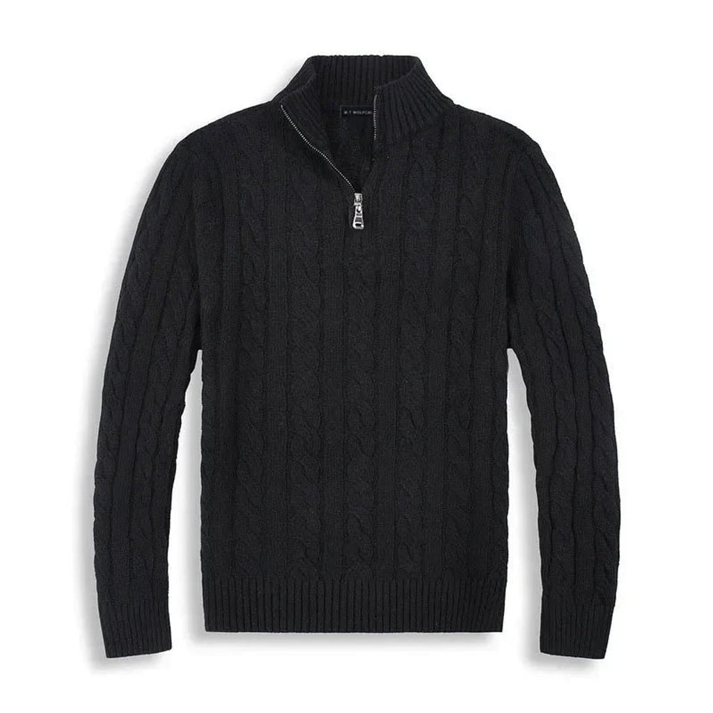 men's cable knit half zip sweater in black