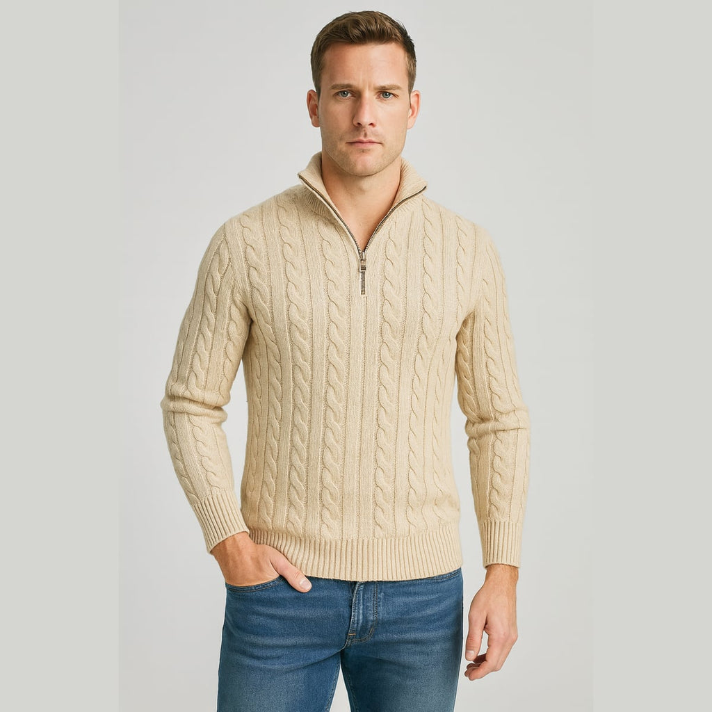 men's cable knit half zip sweater in beige