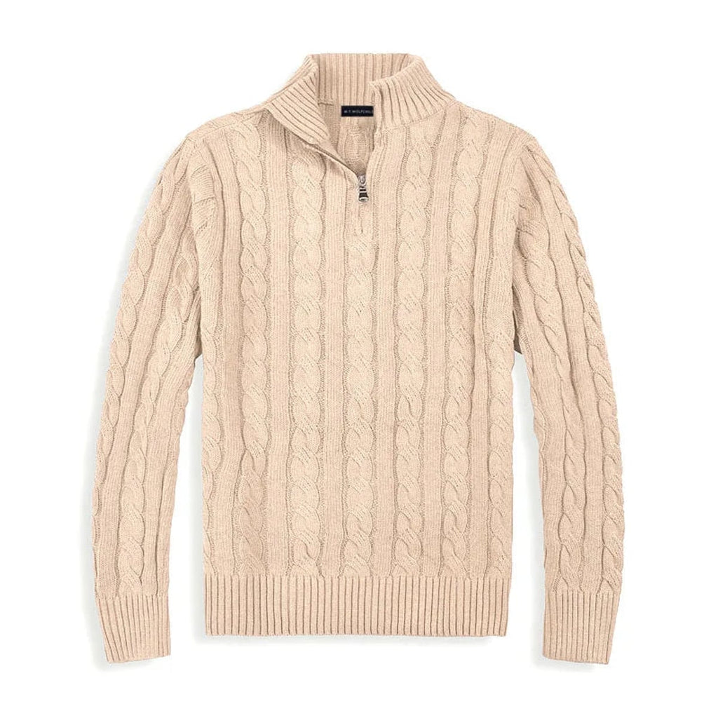 men's cable knit half zip sweater in beige