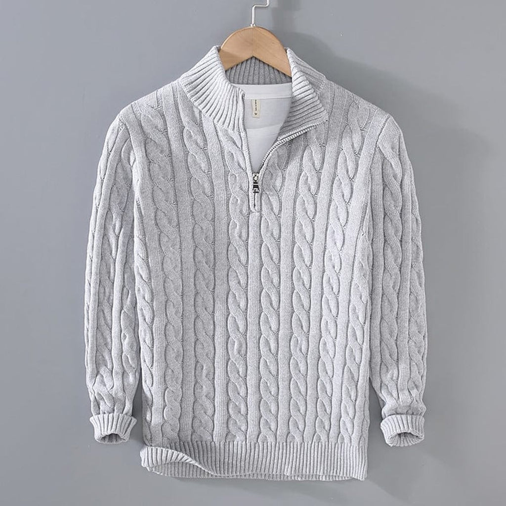 men's cable knit turtleneck half zip sweater in gray
