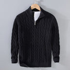 men's cable knit turtleneck half zip sweater in black