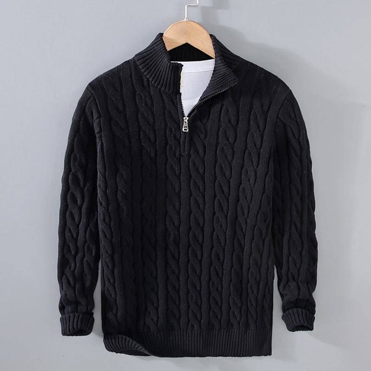 men's cable knit turtleneck half zip sweater in black