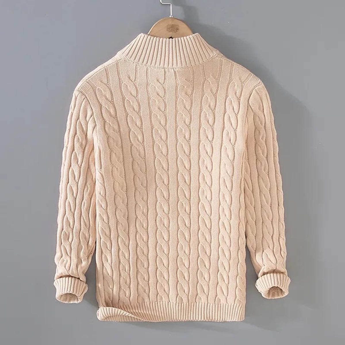 men's cable knit turtleneck half zip sweater in beige