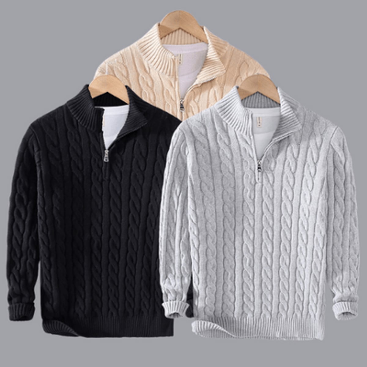men's cable knit turtleneck half zip sweater