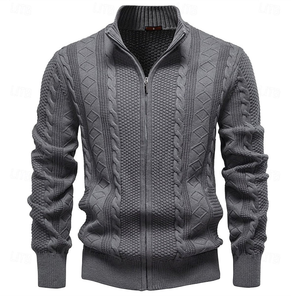 men's cable knit zip-up cardigan in dark gray