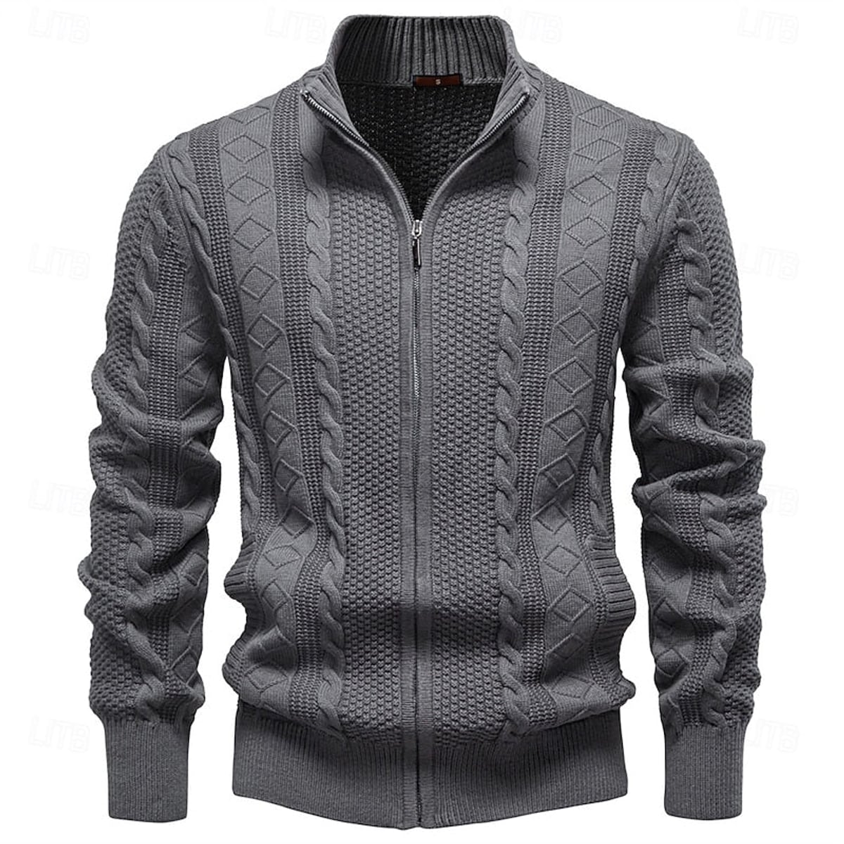 men's cable knit zip-up cardigan in dark gray