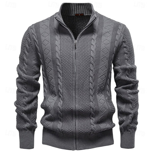 men's cable knit zip-up cardigan in dark gray