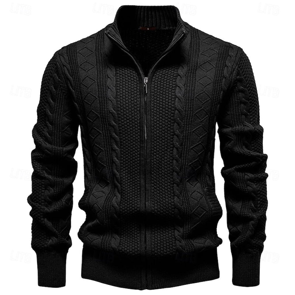 men's cable knit zip-up cardigan in black