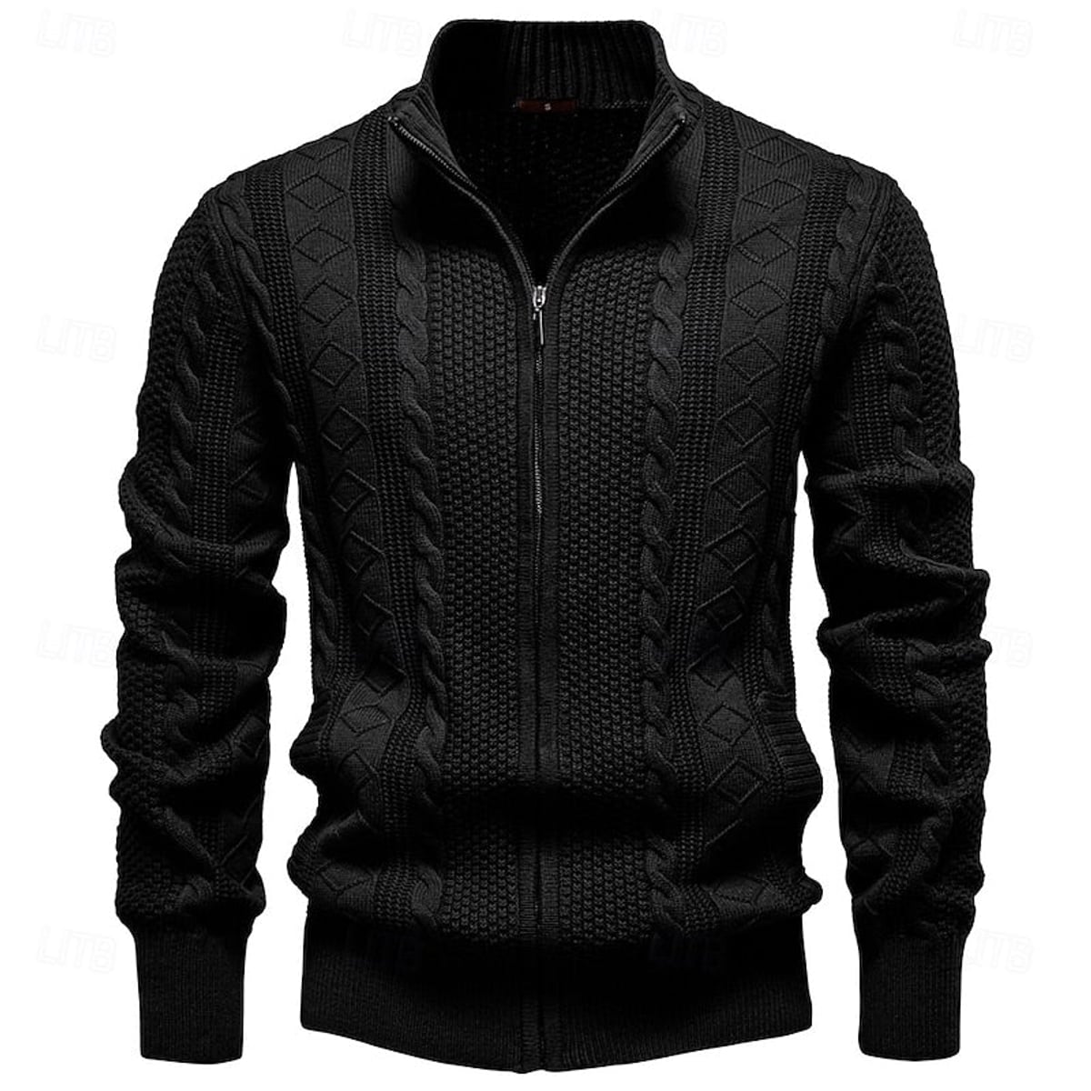 men's cable knit zip-up cardigan in black