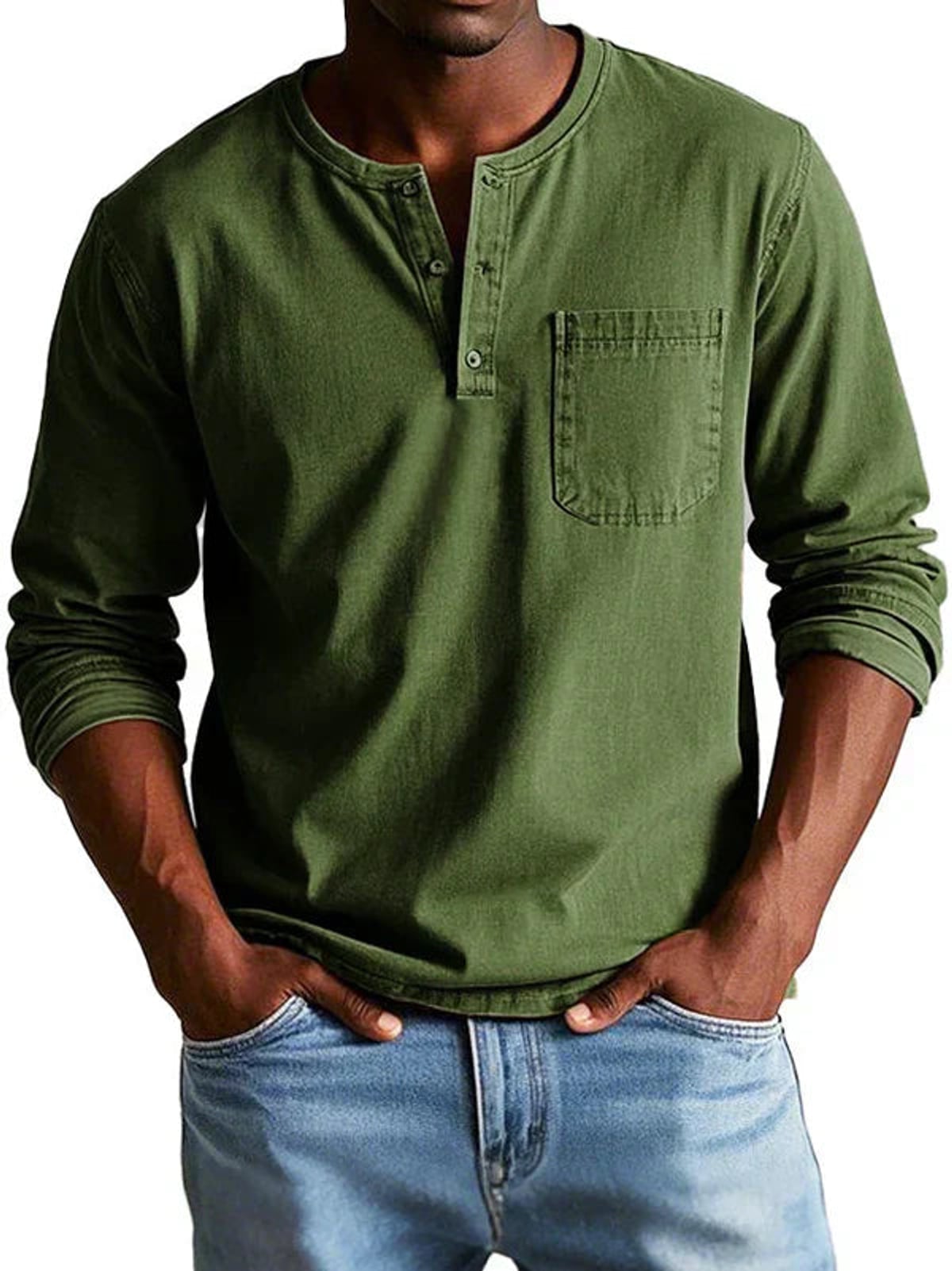 men's casual long sleeve henley t-shirt in army green