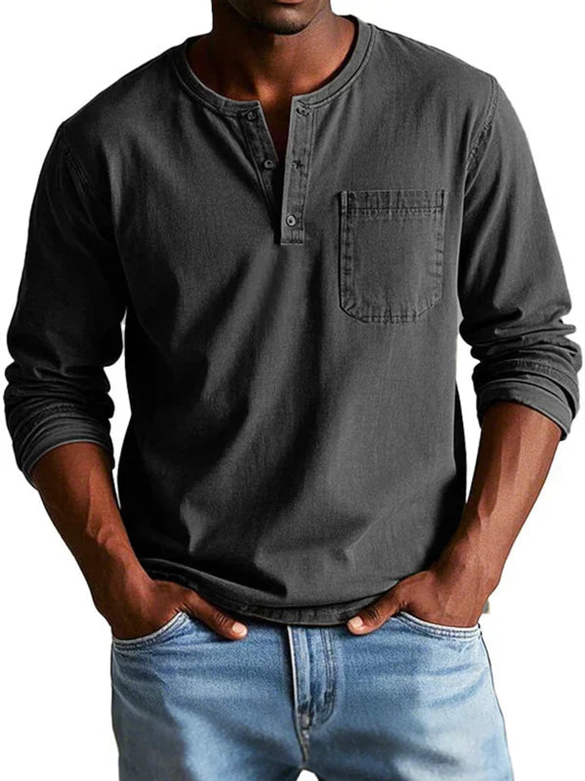 men's casual long sleeve henley t-shirt in black