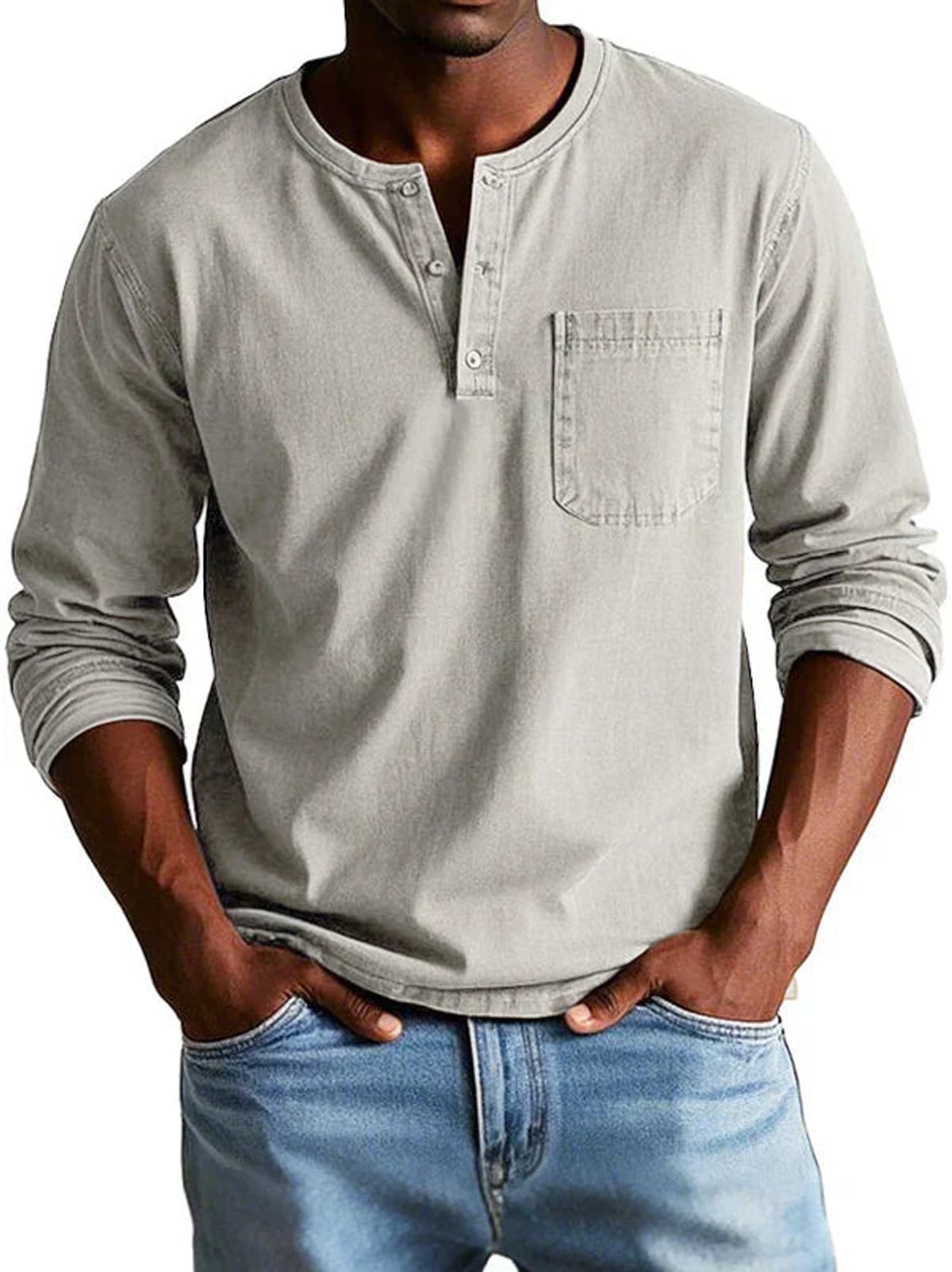 men's casual long sleeve henley t-shirt in beige