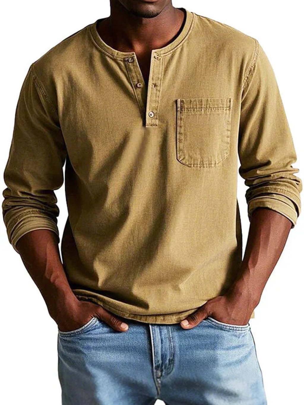 men's casual long sleeve henley t-shirt in khaki