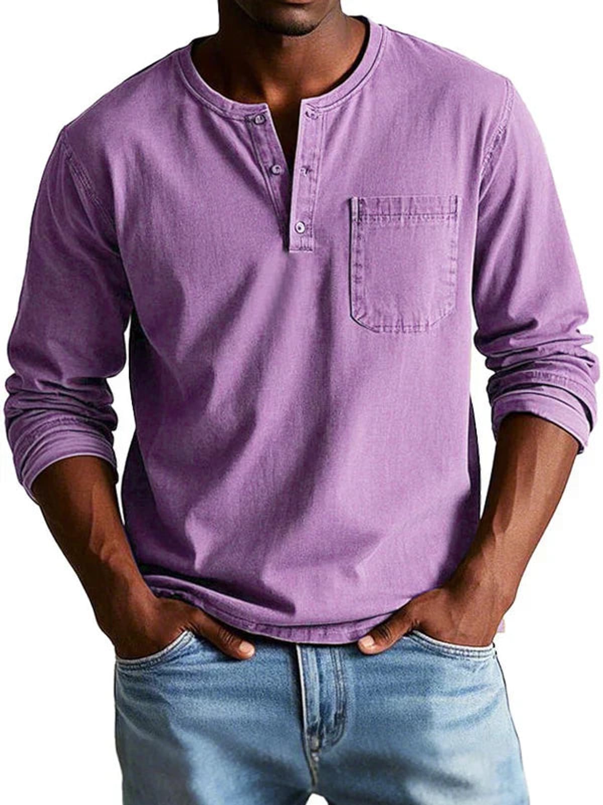men's casual long sleeve henley t-shirt in purple