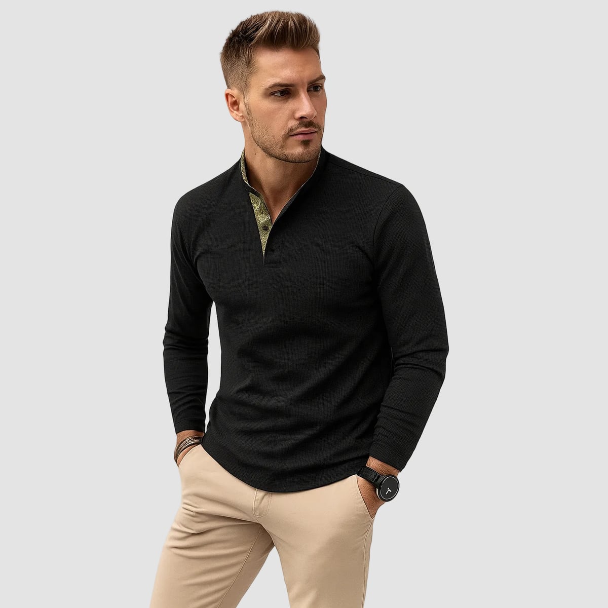men's casual long sleeve polo shirt in black