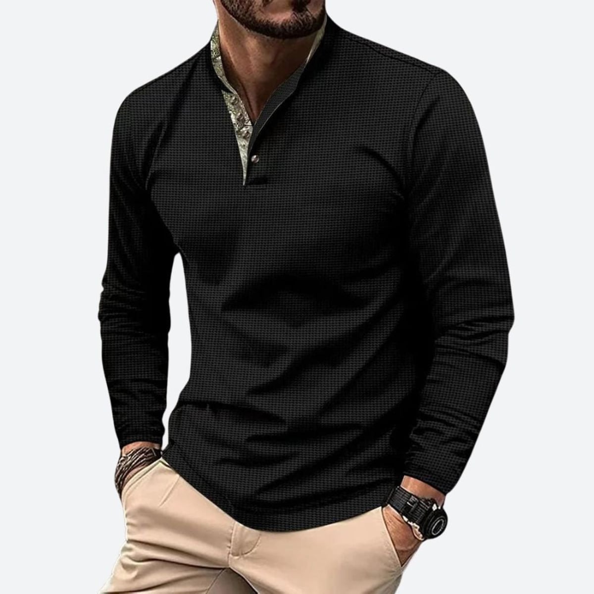 men's casual long sleeve polo shirt in black