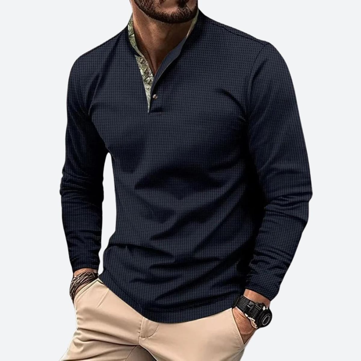 men's casual long sleeve polo shirt in navy blue