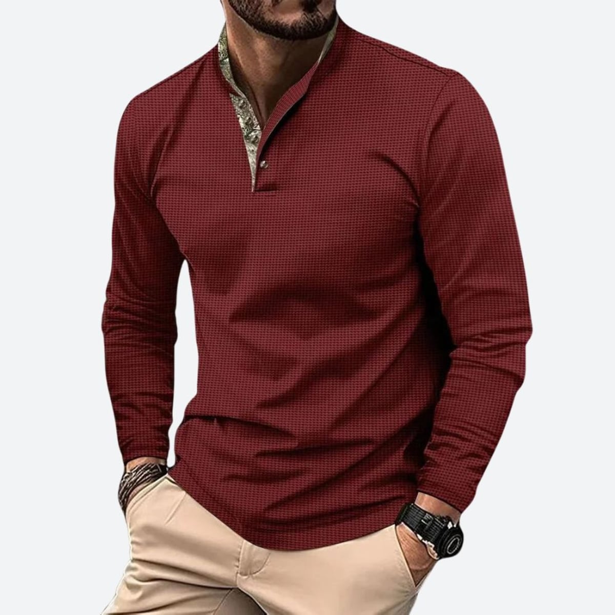 men's casual long sleeve polo shirt in red