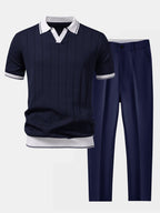 men's casual polo shirt and tapered trousers set in navy blue