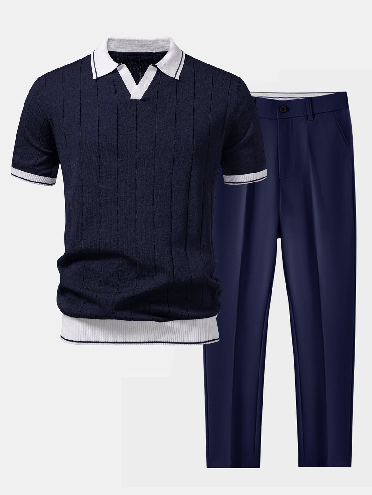 men's casual polo shirt and tapered trousers set in navy blue